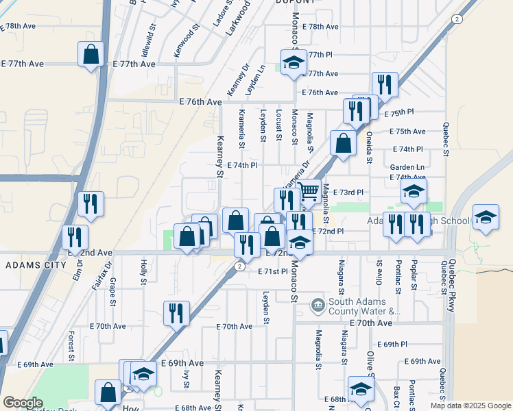 map of restaurants, bars, coffee shops, grocery stores, and more near 7300 Leyden Street in Commerce City
