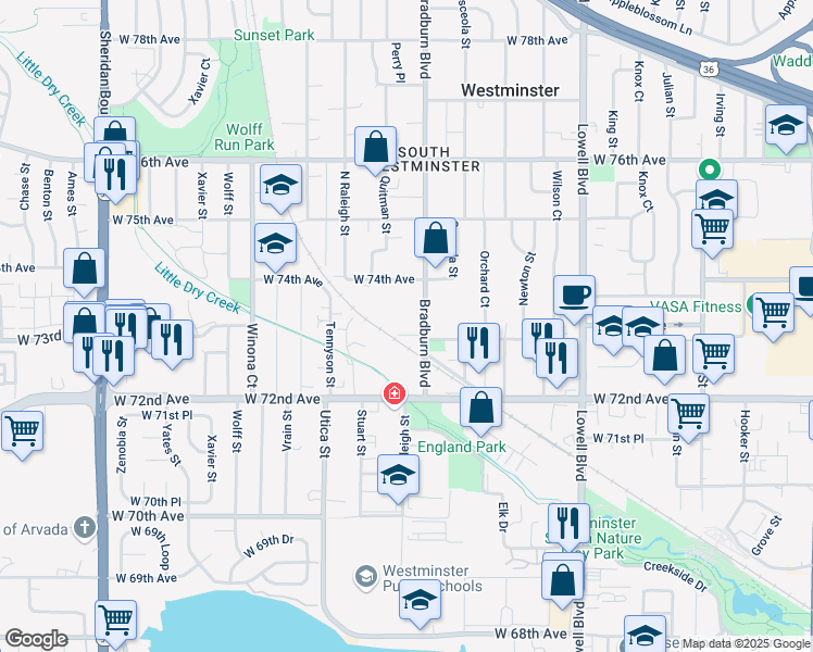 map of restaurants, bars, coffee shops, grocery stores, and more near 7307 Bradburn Boulevard in Westminster