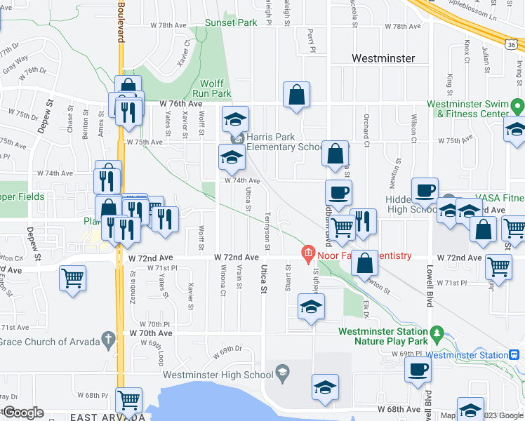 map of restaurants, bars, coffee shops, grocery stores, and more near 7310 Utica Street in Westminster