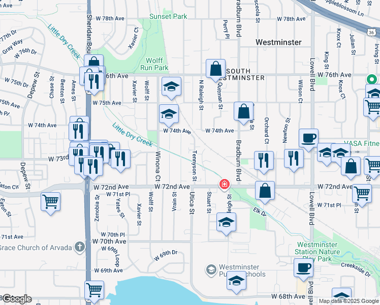 map of restaurants, bars, coffee shops, grocery stores, and more near 7310 Utica Street in Westminster