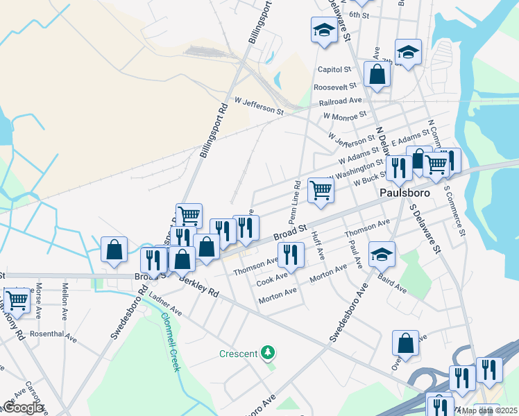 map of restaurants, bars, coffee shops, grocery stores, and more near 341 West Buck Street in Paulsboro