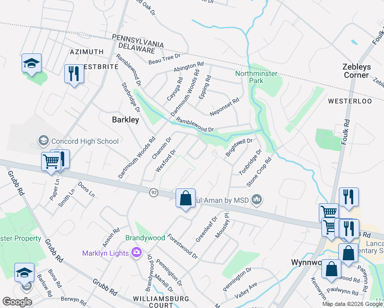 map of restaurants, bars, coffee shops, grocery stores, and more near 2501 Ruthwell Road in Wilmington