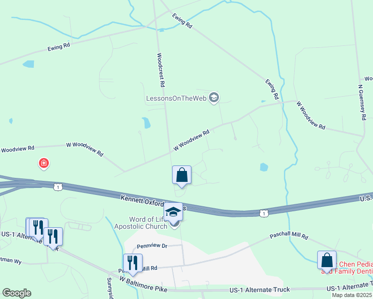 map of restaurants, bars, coffee shops, grocery stores, and more near 285 West Woodview Road in West Grove