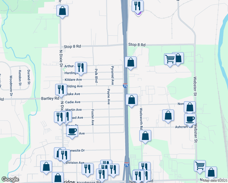 map of restaurants, bars, coffee shops, grocery stores, and more near 2339 Blake Avenue in Dayton