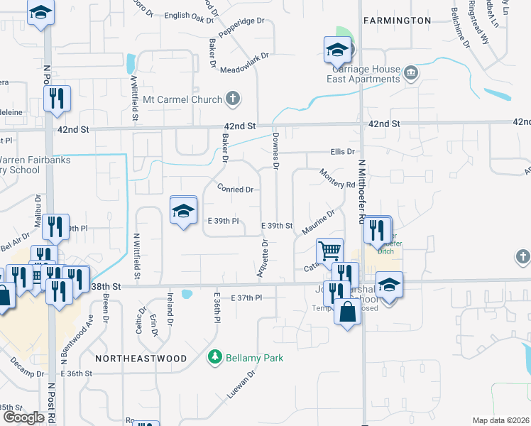 map of restaurants, bars, coffee shops, grocery stores, and more near 3932 Downes Drive in Indianapolis