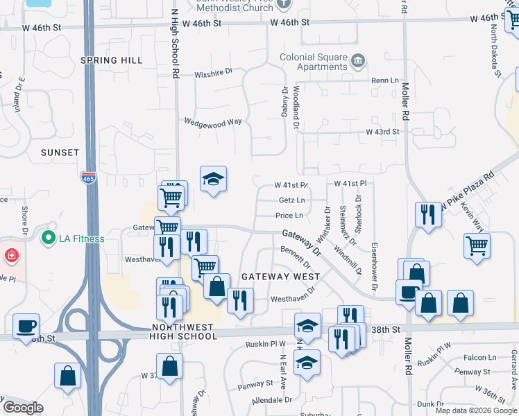 map of restaurants, bars, coffee shops, grocery stores, and more near 5937 Getz Lane in Indianapolis
