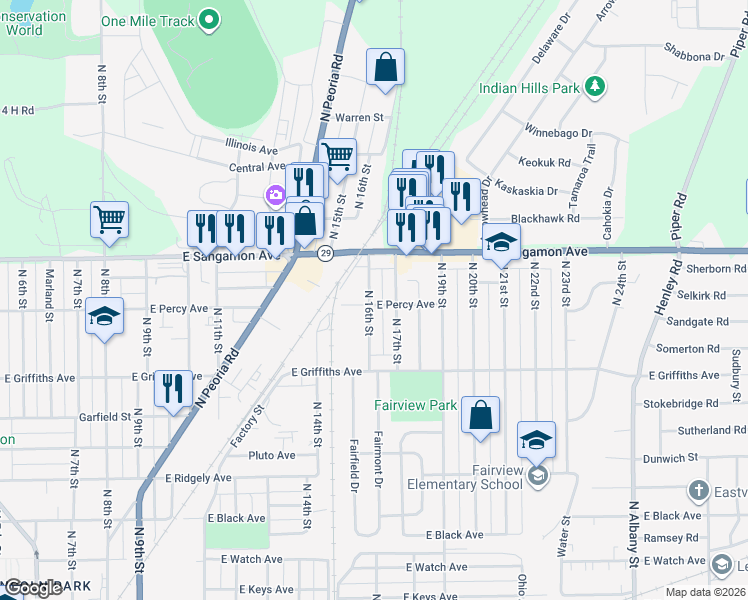 map of restaurants, bars, coffee shops, grocery stores, and more near 2101 North 17th Street in Springfield