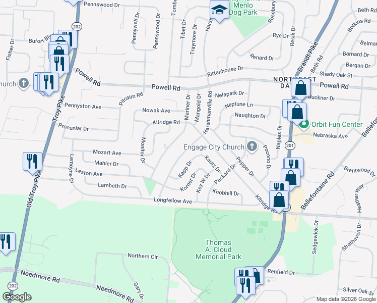 map of restaurants, bars, coffee shops, grocery stores, and more near 5230 Harshmanville Road in Huber Heights