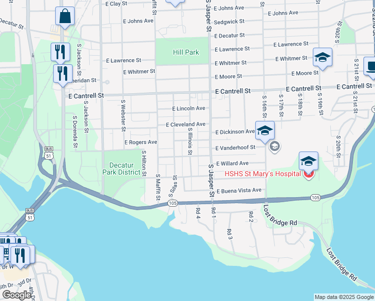 map of restaurants, bars, coffee shops, grocery stores, and more near 1145 South Illinois Street in Decatur