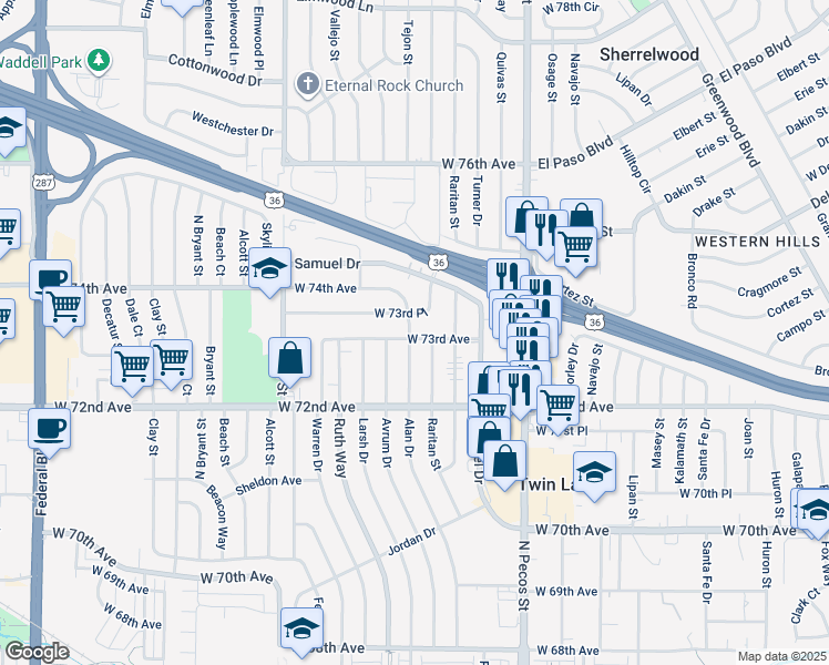 map of restaurants, bars, coffee shops, grocery stores, and more near 1961 W 73rd Ave in Denver