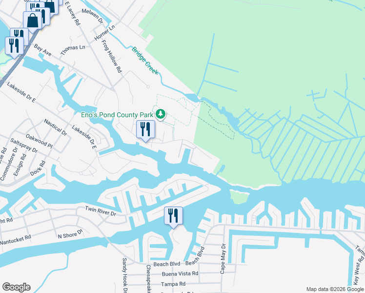 map of restaurants, bars, coffee shops, grocery stores, and more near 357 Captains Walk in Lacey Township