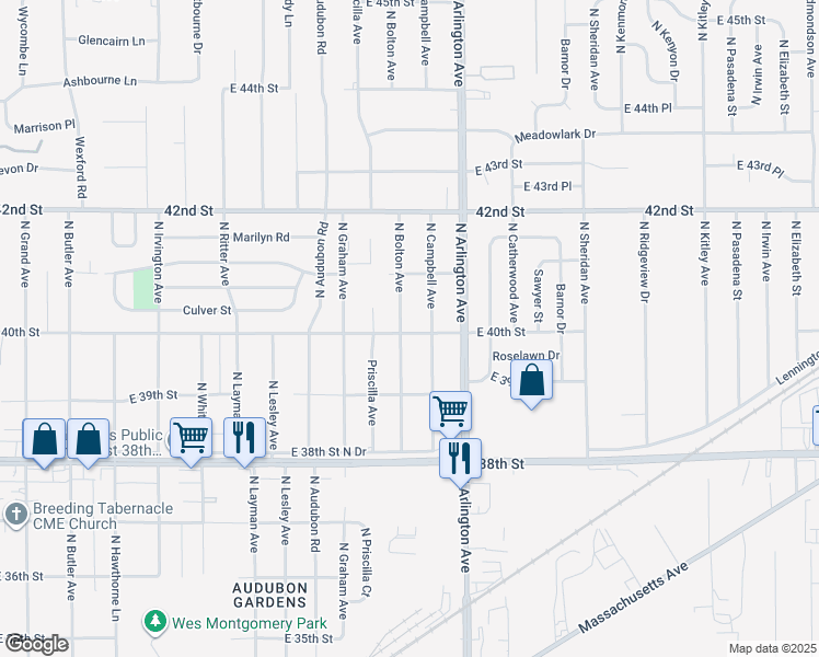 map of restaurants, bars, coffee shops, grocery stores, and more near 4001 N Bolton Ave in Indianapolis