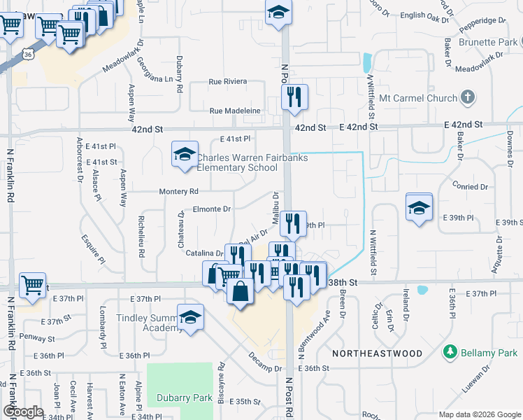 map of restaurants, bars, coffee shops, grocery stores, and more near 3950 Malibu Court in Indianapolis