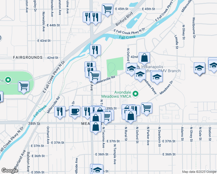 map of restaurants, bars, coffee shops, grocery stores, and more near 4028 North Temple Avenue in Indianapolis