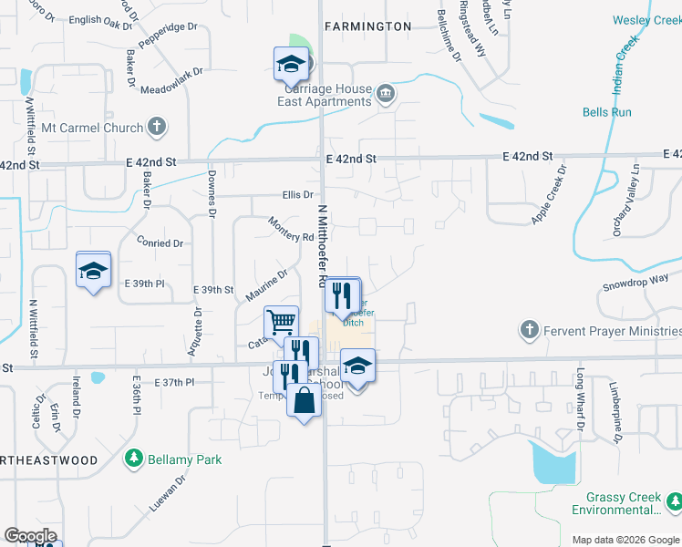 map of restaurants, bars, coffee shops, grocery stores, and more near 3920 Kivet Court in Indianapolis