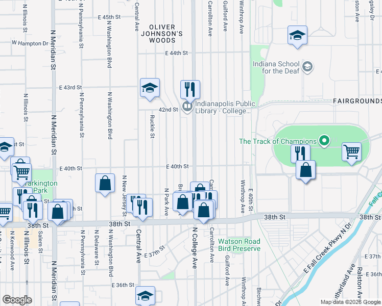 map of restaurants, bars, coffee shops, grocery stores, and more near 4042 North College Avenue in Indianapolis