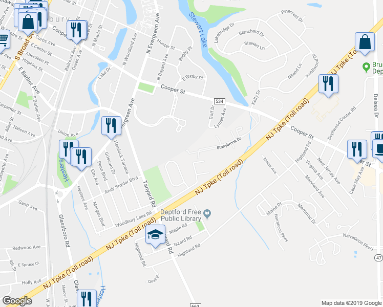 map of restaurants, bars, coffee shops, grocery stores, and more near 1313 Stonybrook Drive in Woodbury