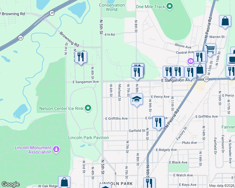 map of restaurants, bars, coffee shops, grocery stores, and more near 2109 Marland Street in Springfield