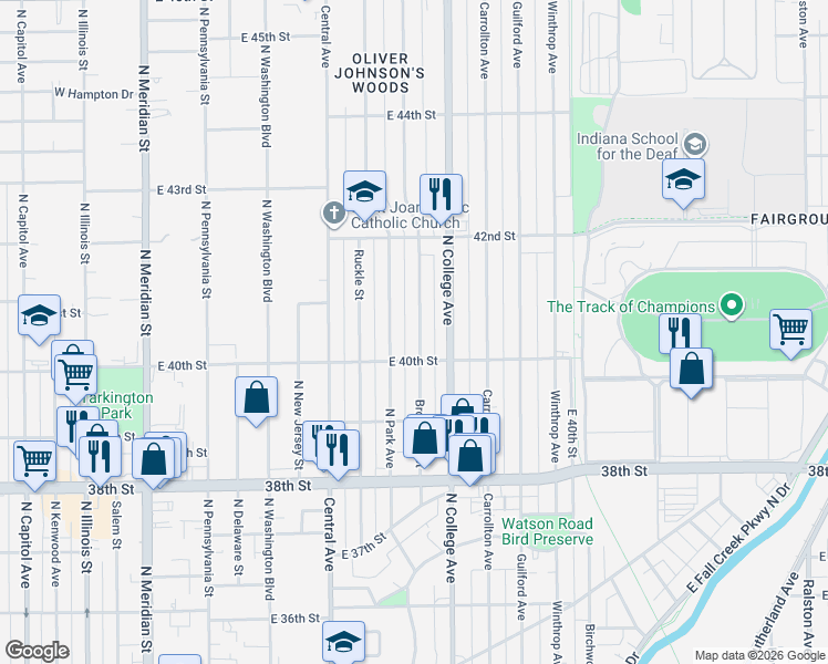 map of restaurants, bars, coffee shops, grocery stores, and more near 4044 Broadway Street in Indianapolis