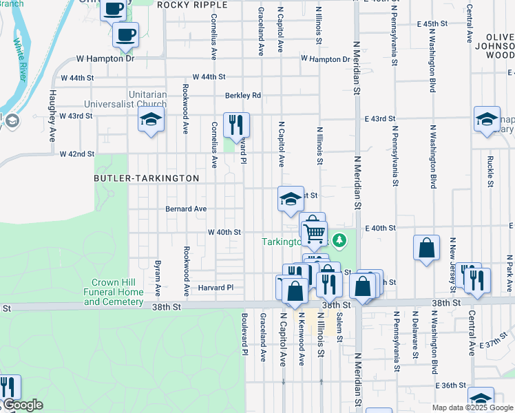 map of restaurants, bars, coffee shops, grocery stores, and more near 4044 Graceland Avenue in Indianapolis