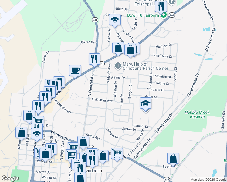 map of restaurants, bars, coffee shops, grocery stores, and more near 703 Winston Drive in Fairborn