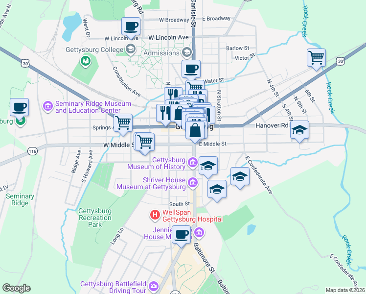 map of restaurants, bars, coffee shops, grocery stores, and more near 28 West Middle Street in Gettysburg