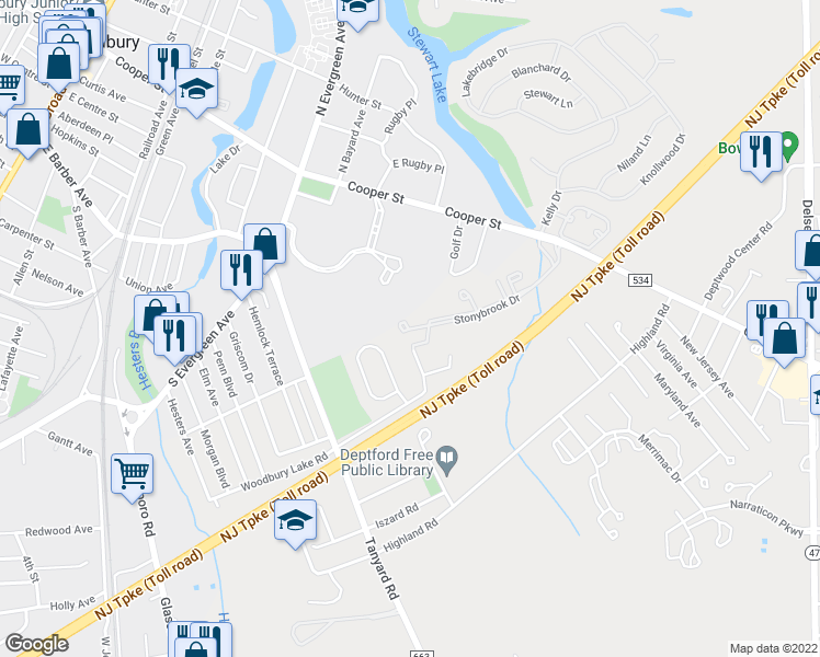 map of restaurants, bars, coffee shops, grocery stores, and more near 1606 Stonybrook Dr in Deptford Township