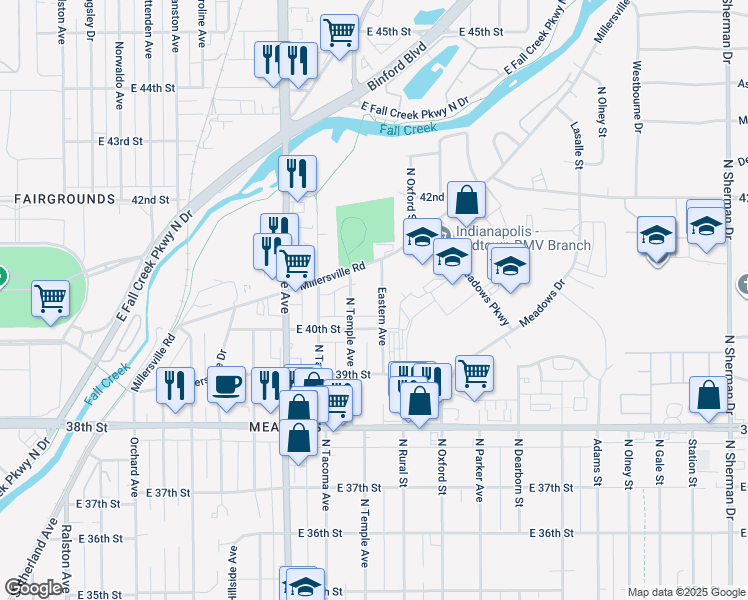map of restaurants, bars, coffee shops, grocery stores, and more near 4032 Eastern Avenue in Indianapolis