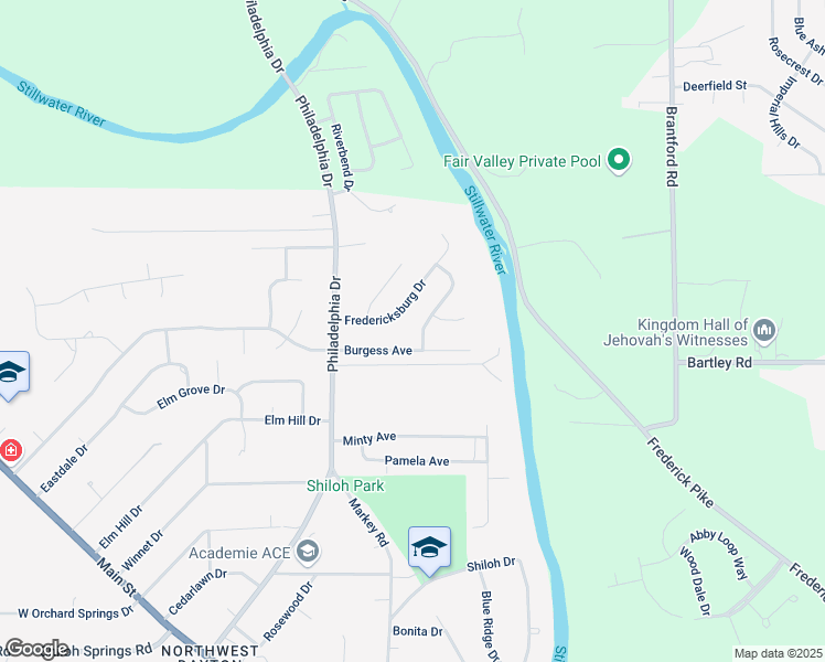 map of restaurants, bars, coffee shops, grocery stores, and more near 618 Fredericksburg Drive in Dayton