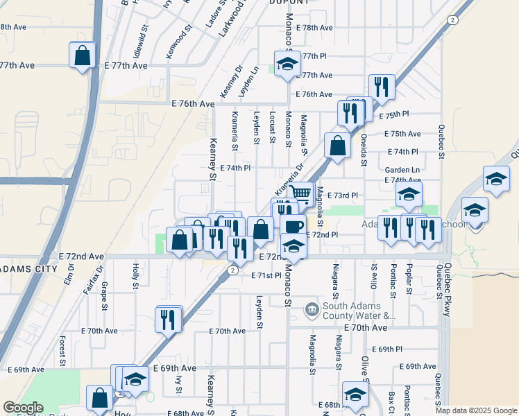 map of restaurants, bars, coffee shops, grocery stores, and more near 7300 Leyden Street in Commerce City