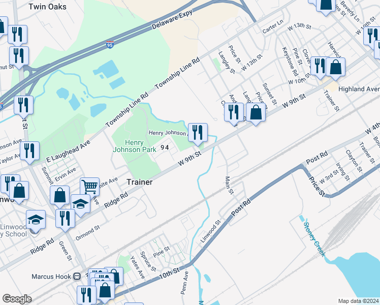 map of restaurants, bars, coffee shops, grocery stores, and more near 4324 Ridge Road in Trainer