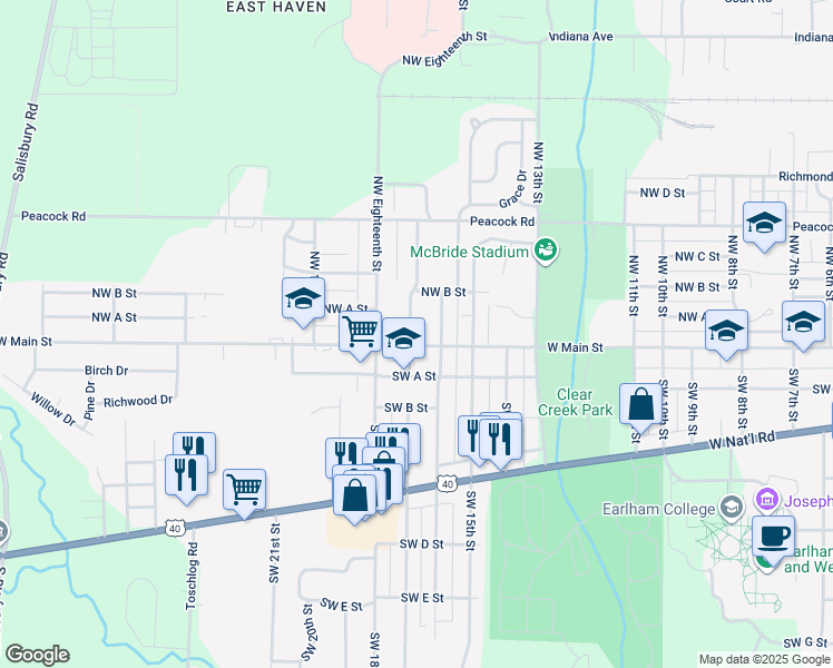 map of restaurants, bars, coffee shops, grocery stores, and more near 11 Northwest 17th Street in Richmond