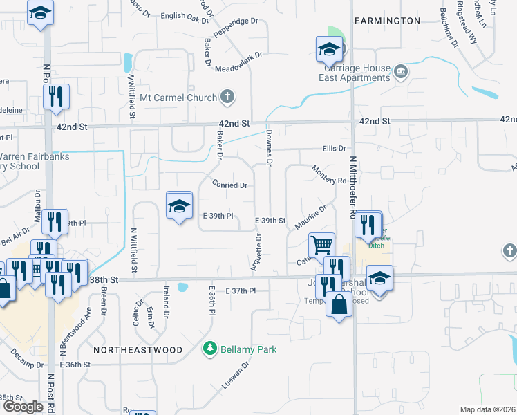 map of restaurants, bars, coffee shops, grocery stores, and more near 3932 Downes Drive in Indianapolis