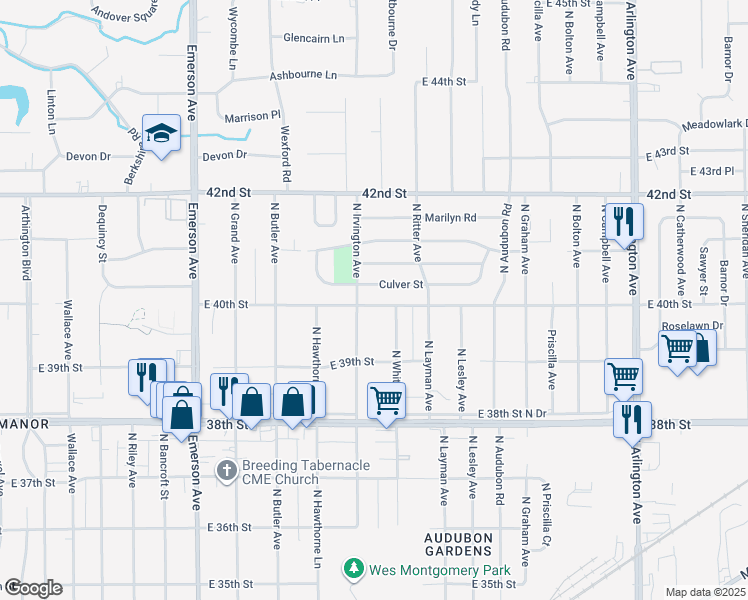 map of restaurants, bars, coffee shops, grocery stores, and more near 5414 East 40th Street in Indianapolis