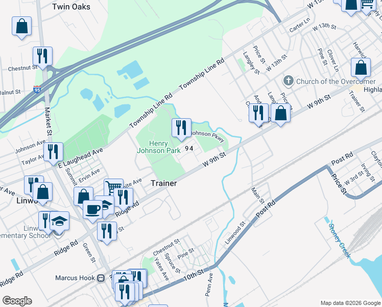 map of restaurants, bars, coffee shops, grocery stores, and more near 4300 West 9th Street in Marcus Hook