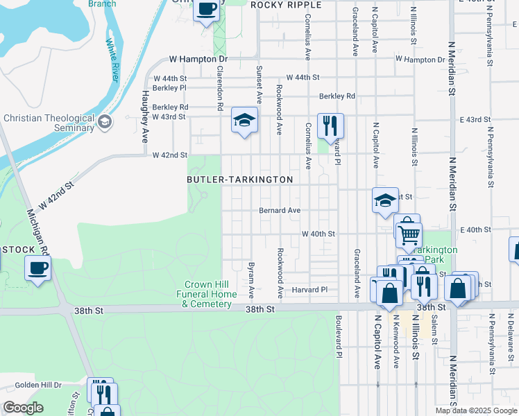 map of restaurants, bars, coffee shops, grocery stores, and more near 530 Bernard Avenue in Indianapolis