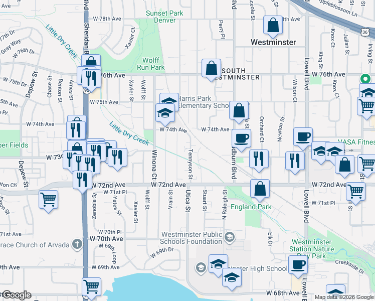 map of restaurants, bars, coffee shops, grocery stores, and more near 7310 Utica Street in Westminster