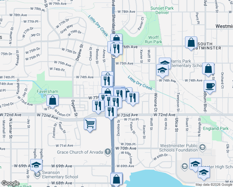 map of restaurants, bars, coffee shops, grocery stores, and more near 5163 West 73rd Avenue in Westminster