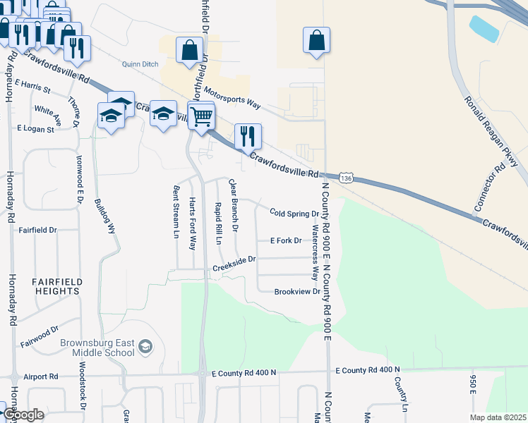 map of restaurants, bars, coffee shops, grocery stores, and more near 1625 Cold Spring Dr in Brownsburg