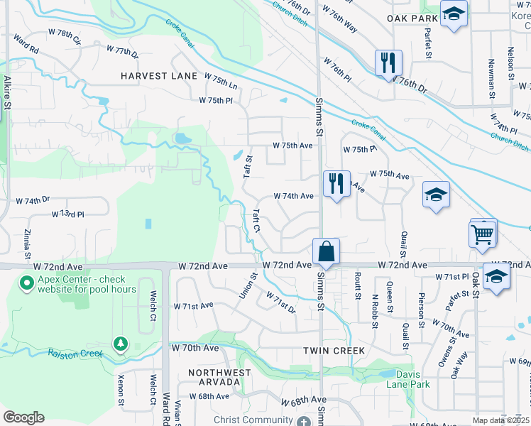 map of restaurants, bars, coffee shops, grocery stores, and more near 11905 West 73rd Drive in Arvada