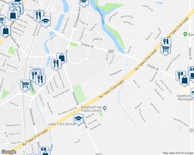 map of restaurants, bars, coffee shops, grocery stores, and more near 1218 Stonybrook Drive in Woodbury