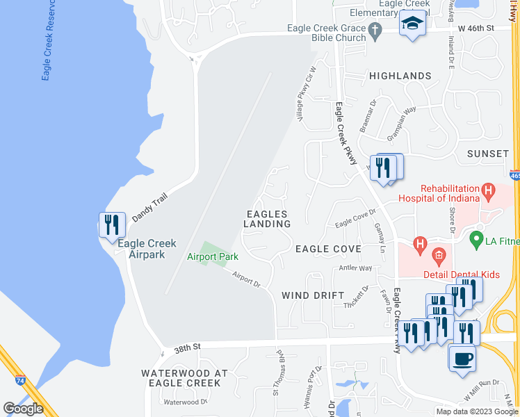 map of restaurants, bars, coffee shops, grocery stores, and more near 4172 Waterthrush Drive in Indianapolis