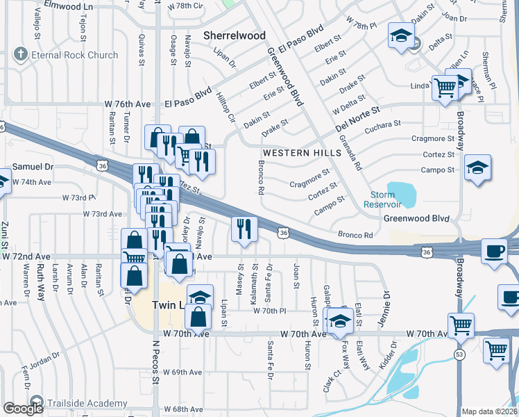 map of restaurants, bars, coffee shops, grocery stores, and more near 1060 Bronco Road in Denver