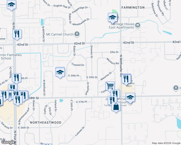 map of restaurants, bars, coffee shops, grocery stores, and more near 3932 Downes Drive in Indianapolis