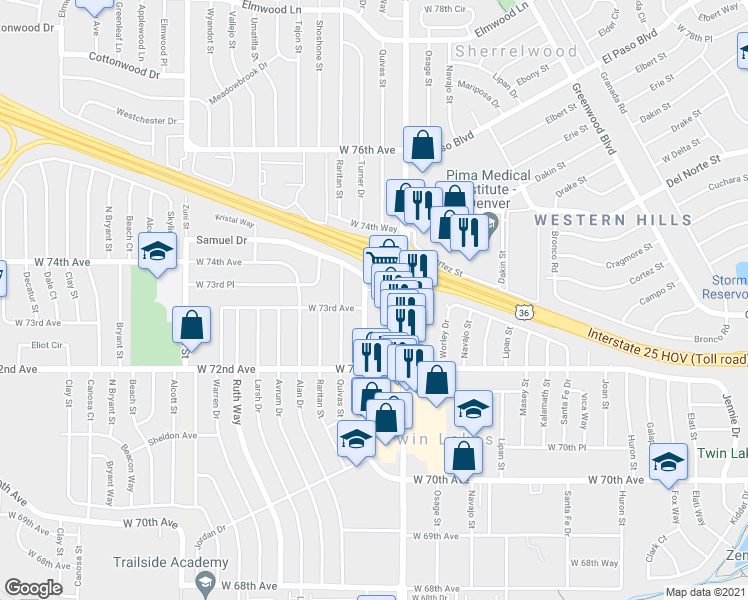 map of restaurants, bars, coffee shops, grocery stores, and more near 7305 North Pecos Street in Denver