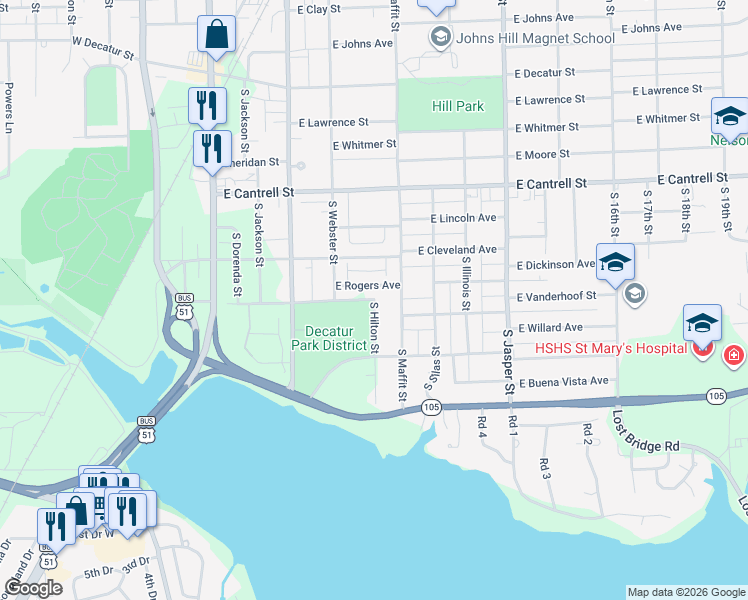 map of restaurants, bars, coffee shops, grocery stores, and more near 1100 South Hilton Street in Decatur