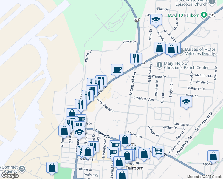 map of restaurants, bars, coffee shops, grocery stores, and more near 560 North Broad Street in Fairborn