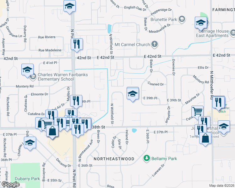 map of restaurants, bars, coffee shops, grocery stores, and more near 9301 East 39th Place in Indianapolis