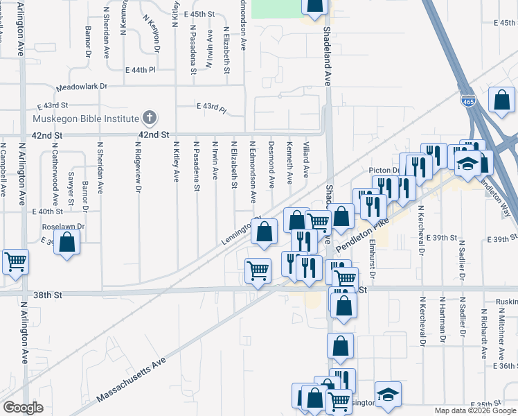 map of restaurants, bars, coffee shops, grocery stores, and more near 4001 North Edmondson Avenue in Indianapolis