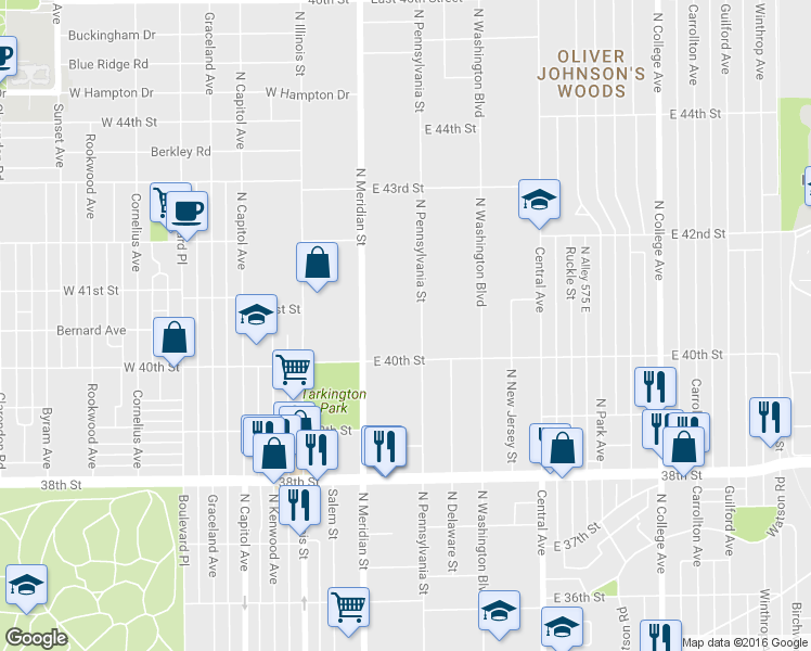 map of restaurants, bars, coffee shops, grocery stores, and more near 4044 North Pennsylvania Street in Indianapolis